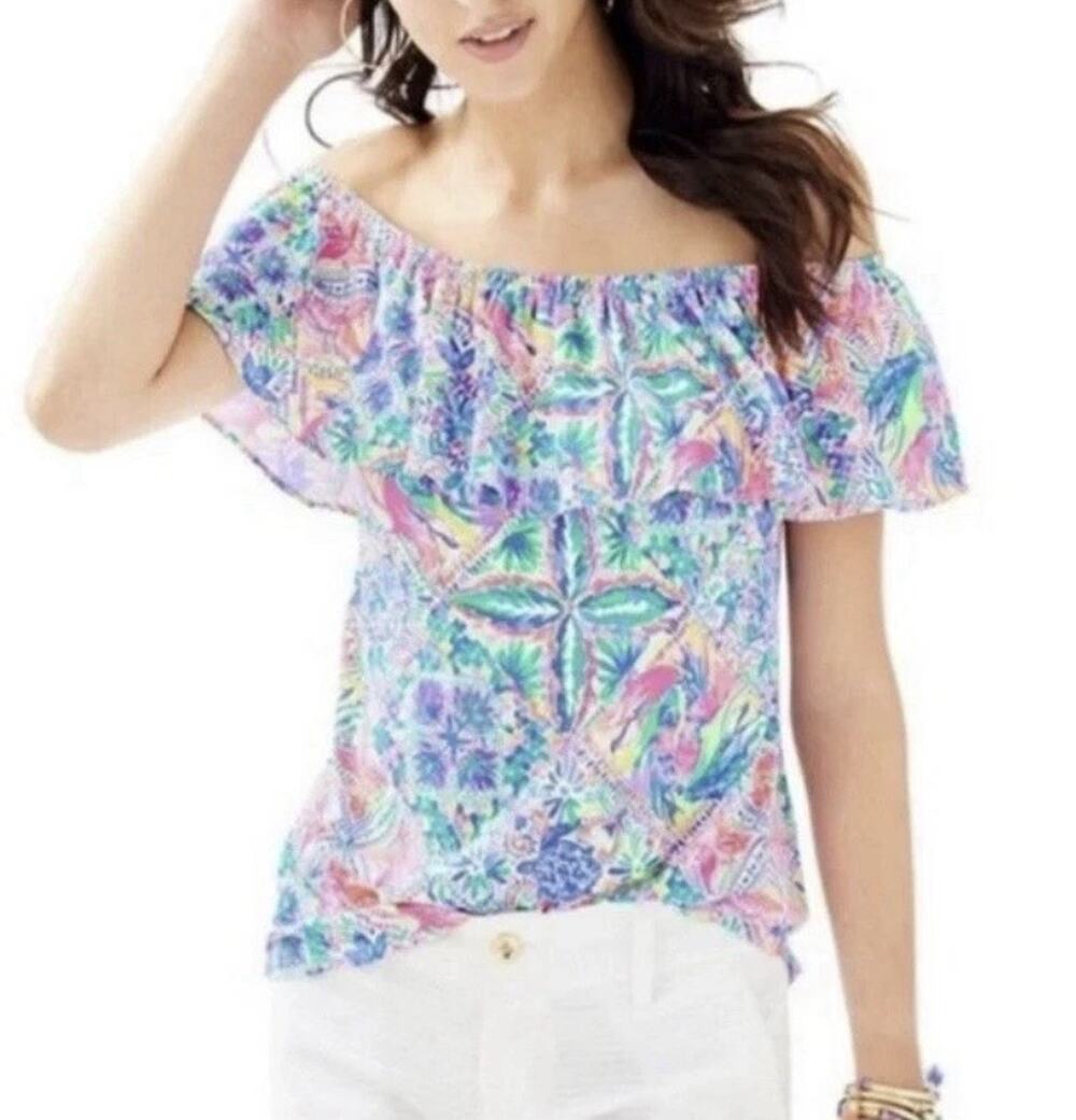 Lilly Pulitzer La Fortuna Off The Shoulder Dancing On The Deck Ruffle Top M